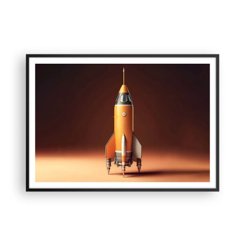 Poster in einem schwarzem Rahmen - Eine Rakete im Retro-Stil vor einem Hintergrund in Brauntönen - 100x70cm - Es beginnt mit einem Traum - Moderne Wanddekoration für Wohnzimmer und Schlafzimmer ARTTOR