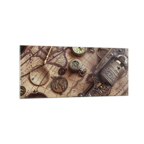 Glasbild - Bild auf glas - Antike Gegenstände auf einer alten Karte im Retro-Stil - 120x50cm - Das Abenteuer ruft - Moderne Wanddekoration für Wohnzimmer und Schlafzimmer ARTTOR