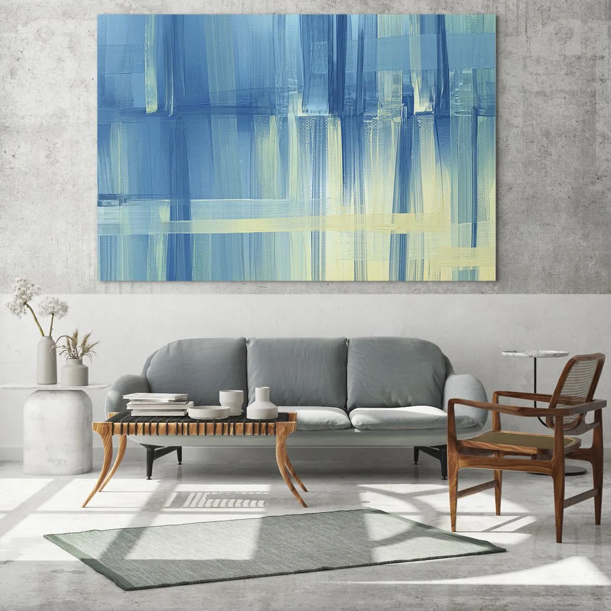 Glasbild - Bild auf glas - Abstrakte Pinselstriche in Türkis und Gelb - 100x70cm - Komposition in Türkis - Moderne Wanddekoration für Wohnzimmer und Schlafzimmer ARTTOR