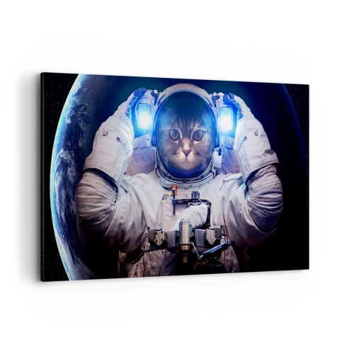 Bild auf Leinwand - Leinwandbild - Eine Katze im Astronautenanzug mit der Erde im Hintergrund und einem hellen Licht. - 120x80cm - Houston, du hast ein Problem - Moderne Wanddekoration für Wohnzimmer und Schlafzimmer ARTTOR