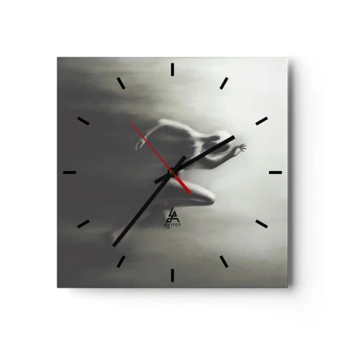 Wanduhr - Glasuhr - Eine schwarz-weiße Silhouette einer laufenden Figur in einem dynamischen und surrealen Stil. - 30x30cm - Unwiderstehlich - Moderne Wanddekoration für Wohnzimmer und Schlafzimmer ARTTOR