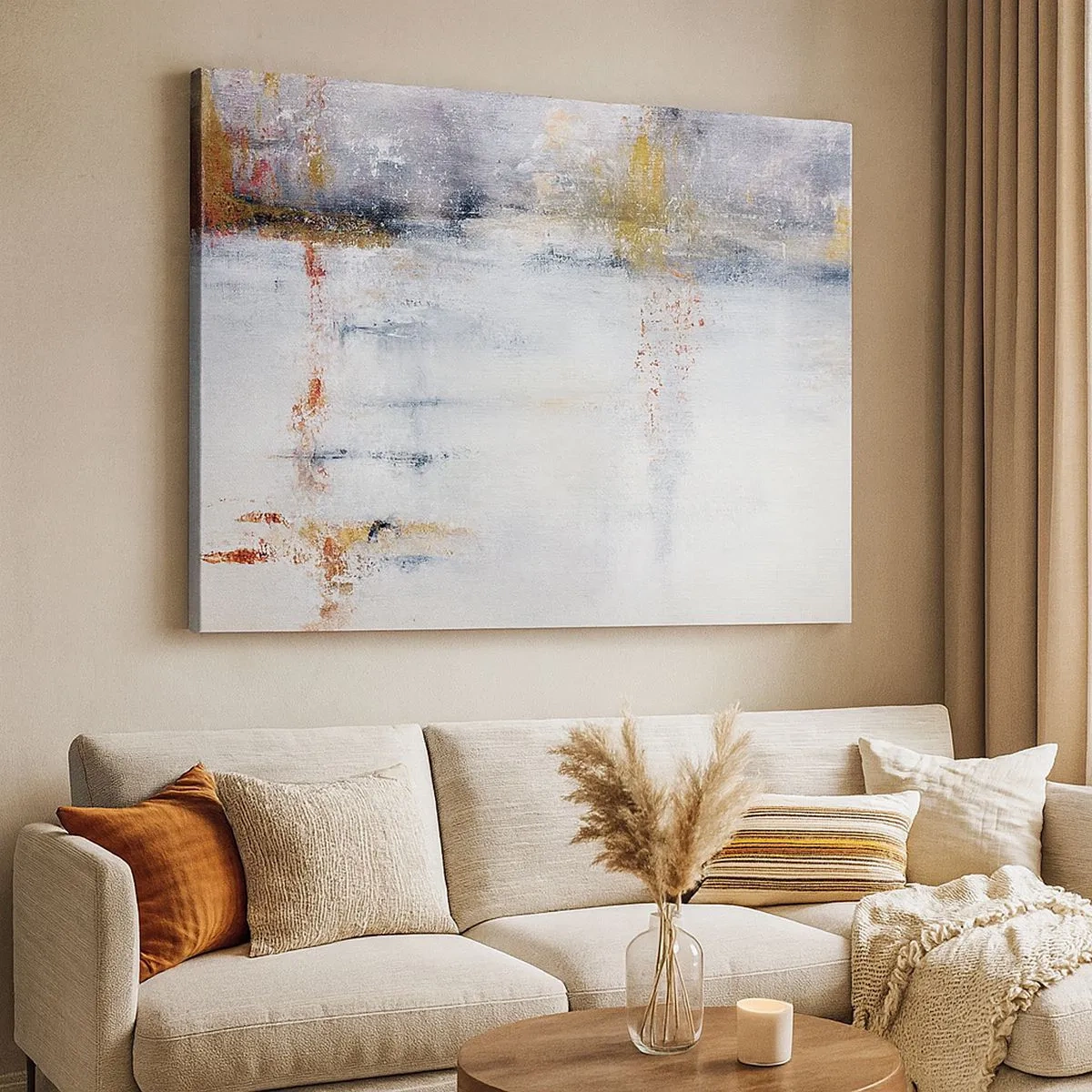 Bild auf Leinwand - Leinwandbild - Eine abstrakte Landschaft mit verschwommenen Akzenten in Grau und Gold. - 70x50cm - Hinter dem Luftvorhang - Moderne Wanddekoration für Wohnzimmer und Schlafzimmer ARTTOR