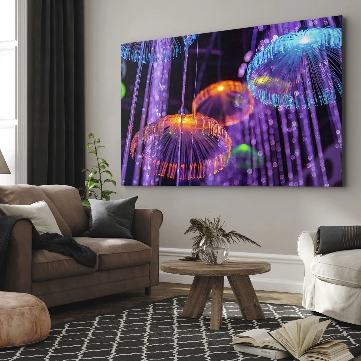Bild auf Leinwand - Leinwandbild - Bunte leuchtende Quallen in einer dunklen Umgebung - 100x70cm - Lichtbrunnen - Moderne Wanddekoration für Wohnzimmer und Schlafzimmer ARTTOR