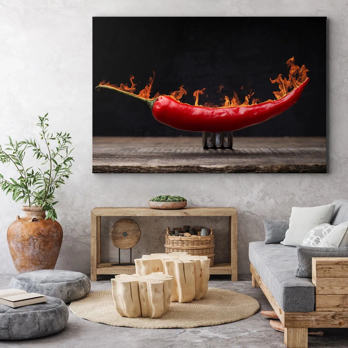 Bild auf Leinwand - Leinwandbild - Feurige rote Paprika auf einer Gabel - 70x50cm - Eine feurige Vorspeise - Moderne Wanddekoration für Wohnzimmer und Schlafzimmer ARTTOR
