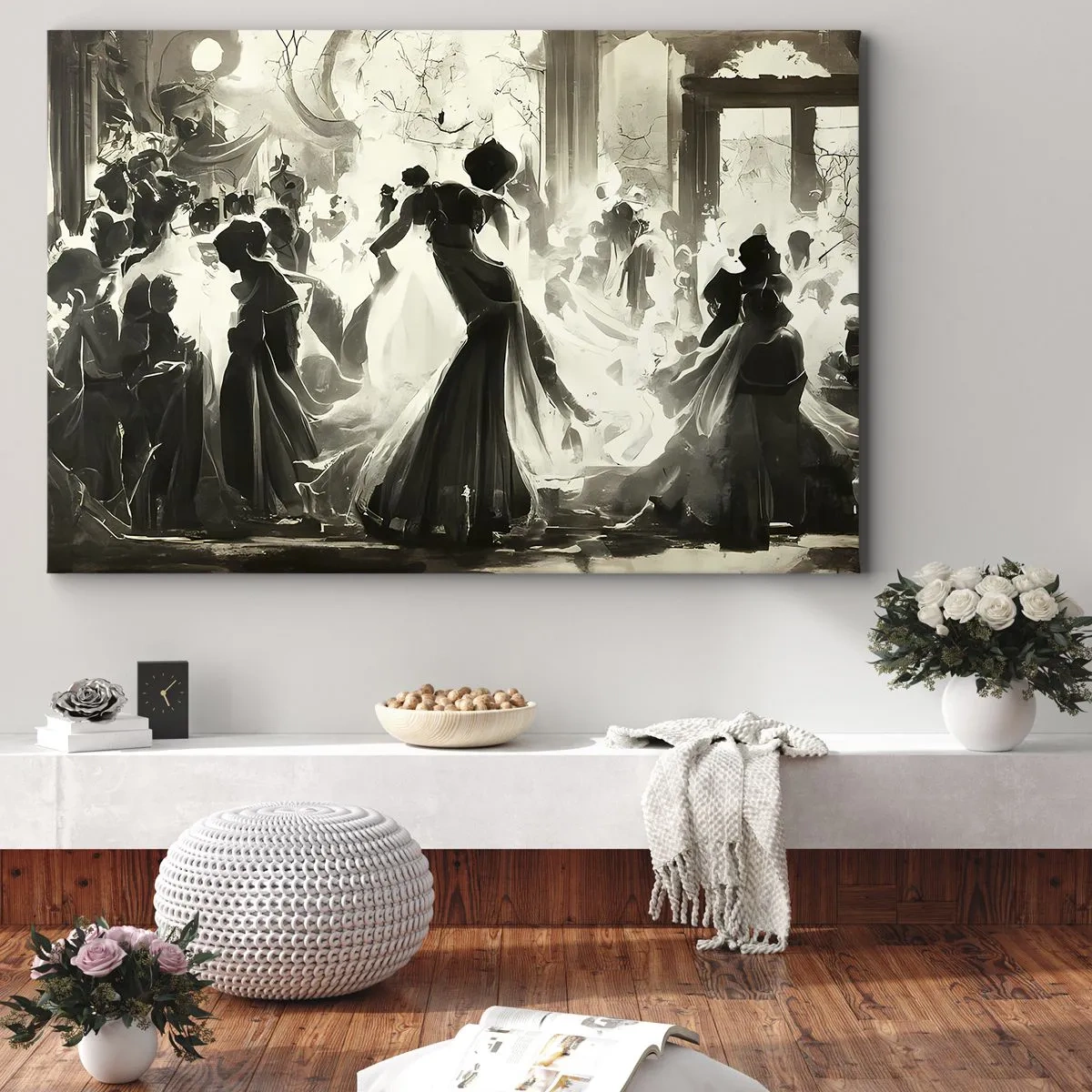 Bild auf Leinwand - Leinwandbild - Ball im Retro-Stil in Schwarz und Weiß - 100x70cm - Die große Maskerade - Moderne Wanddekoration für Wohnzimmer und Schlafzimmer ARTTOR