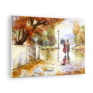Glasbild - Bild auf glas - Herbstspaziergang eines Paares durch einen Park mit bunten Blättern - 70x50cm - Romantischer Herbst im Park - Moderne Wanddekoration für Wohnzimmer und Schlafzimmer ARTTOR