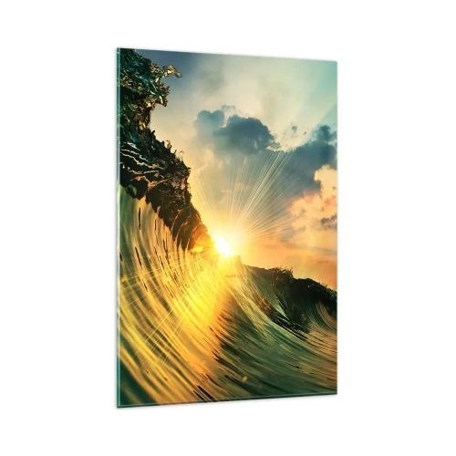 Glasbild - Bild auf glas - Eine Welle mit untergehender Sonne und beleuchteten Wolken - 80x120cm - Surfer, wo bist du? - Moderne Wanddekoration für Wohnzimmer und Schlafzimmer ARTTOR