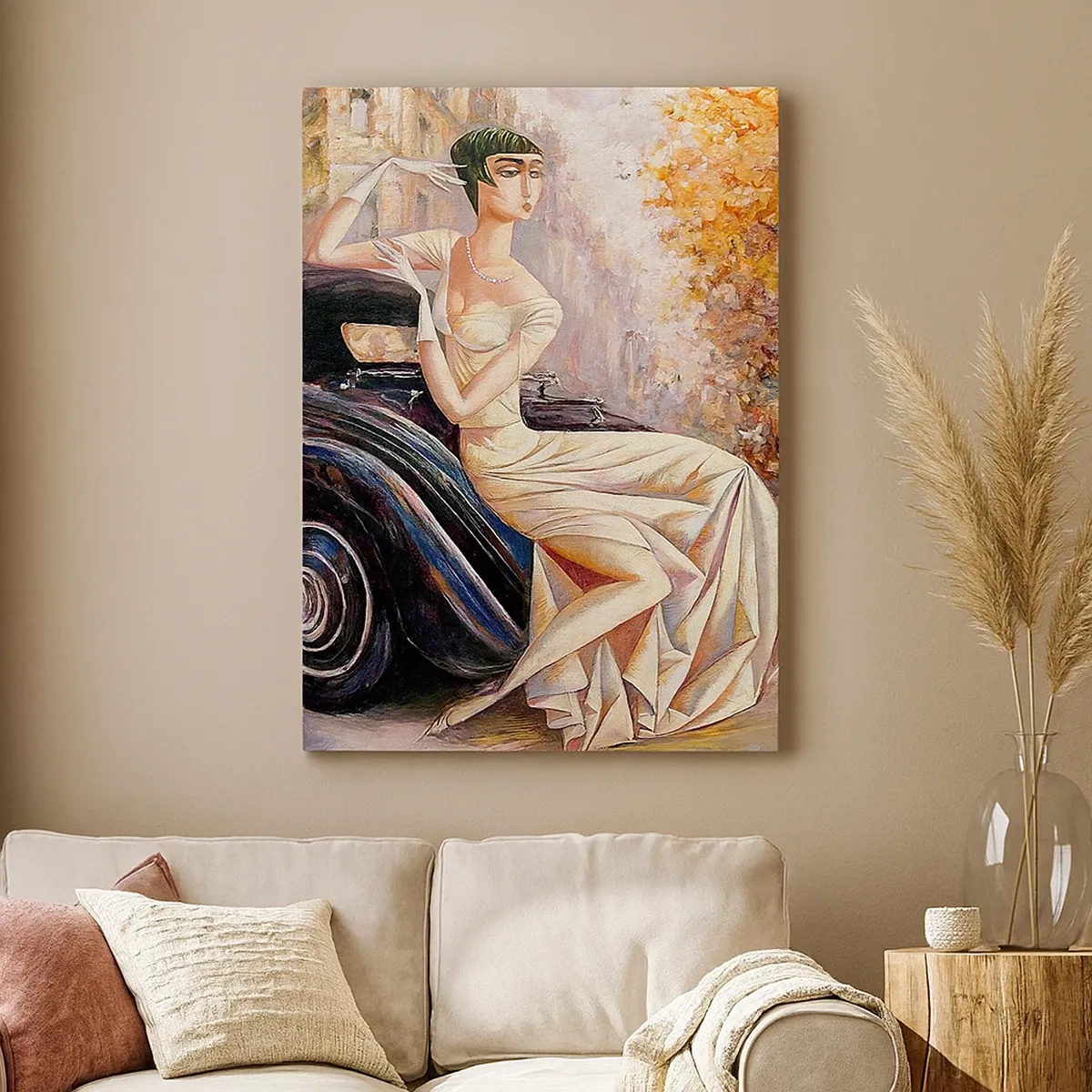 Bild auf Leinwand - Leinwandbild - Retro-Frau neben Oldtimer - 50x70cm - Eleganz im Retro-Stil - Moderne Wanddekoration für Wohnzimmer und Schlafzimmer ARTTOR