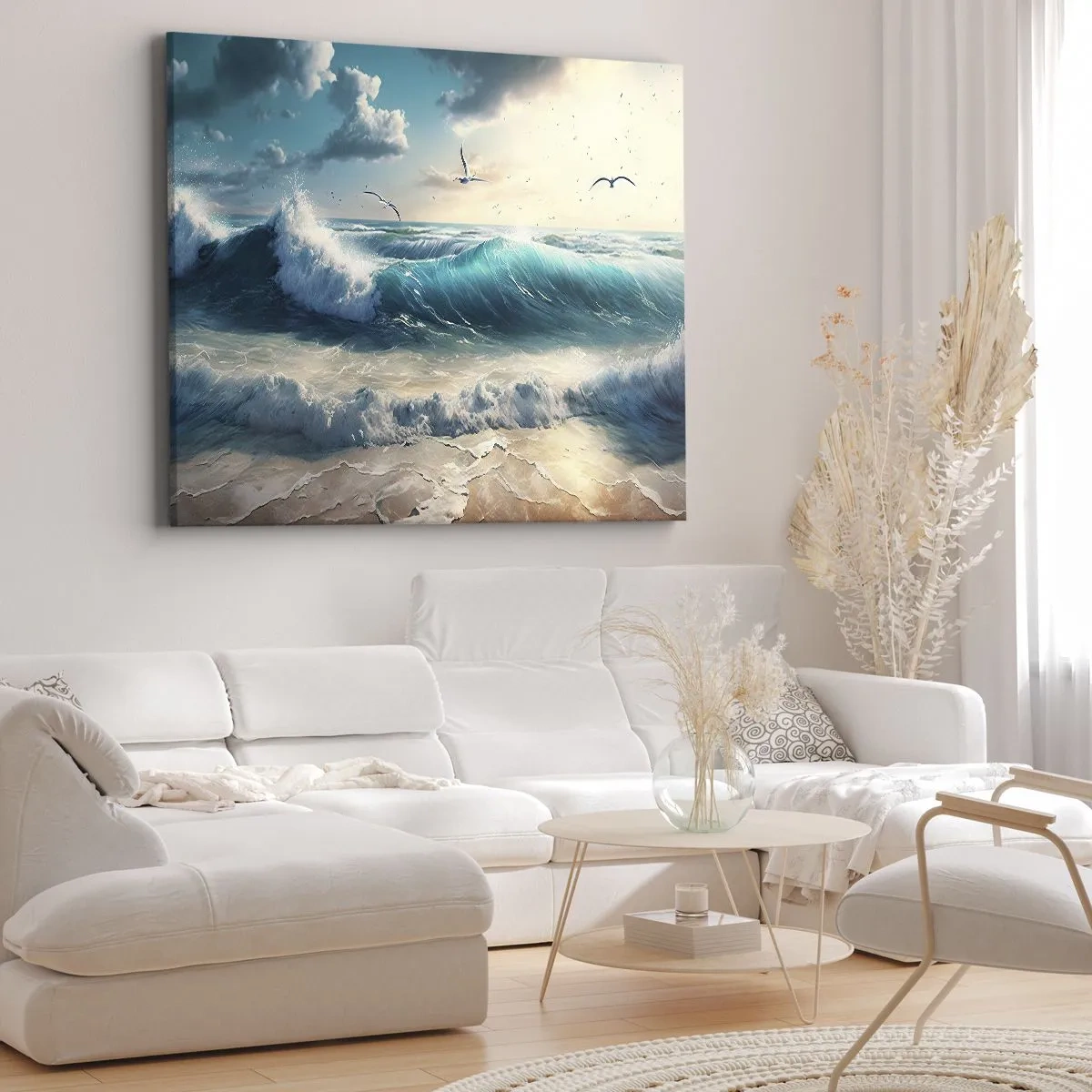 Bild auf Leinwand - Leinwandbild - Meereswellen am Strand unter blauem Himmel mit Möwen - 120x80cm - Es summt nur für dich - Moderne Wanddekoration für Wohnzimmer und Schlafzimmer ARTTOR
