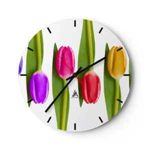 Wanduhr - Glasuhr - Bunte Tulpen auf weißem Hintergrund - 30x30cm - Regenbogenkomposition - Moderne Wanddekoration für Wohnzimmer, Küche und Schlafzimmer ARTTOR