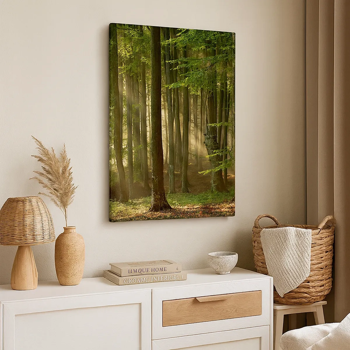 Bild auf Leinwand - Leinwandbild - Sonnenstrahlen dringen durch die Bäume im Wald - 50x70cm - Strahlend an einem Frühlingsmorgen - Moderne Wanddekoration für Wohnzimmer und Schlafzimmer ARTTOR
