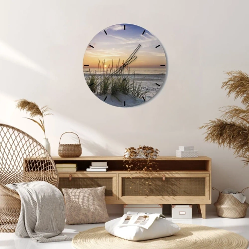 Wanduhr - Glasuhr - Wunderschöne Strandlandschaft bei Sonnenuntergang mit Gräsern im Hintergrund - 30x30cm - Schau, denk, fühl - Moderne Wanddekoration für Wohnzimmer, Küche und Schlafzimmer ARTTOR