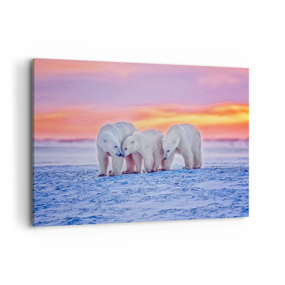Bild auf Leinwand - Leinwandbild - Drei Eisbären vor dem Hintergrund eines arktischen Sonnenuntergangs - 100x70cm - Familienwärme ist genug - Moderne Wanddekoration für Wohnzimmer und Schlafzimmer ARTTOR