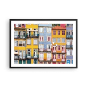 Poster in einem schwarzem Rahmen - Bunte Fassaden von Mietshäusern im Stadtbild - 70x50cm - Farben der Altstadt - Moderne Wanddekoration für Wohnzimmer und Schlafzimmer ARTTOR