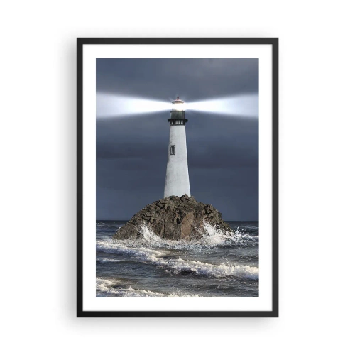 Poster in einem schwarzem Rahmen - Ein Leuchtturm auf einem Felsen inmitten der rauen Wellen - 50x70cm - Hier... hier... hier! - Moderne Wanddekoration für Wohnzimmer und Schlafzimmer ARTTOR