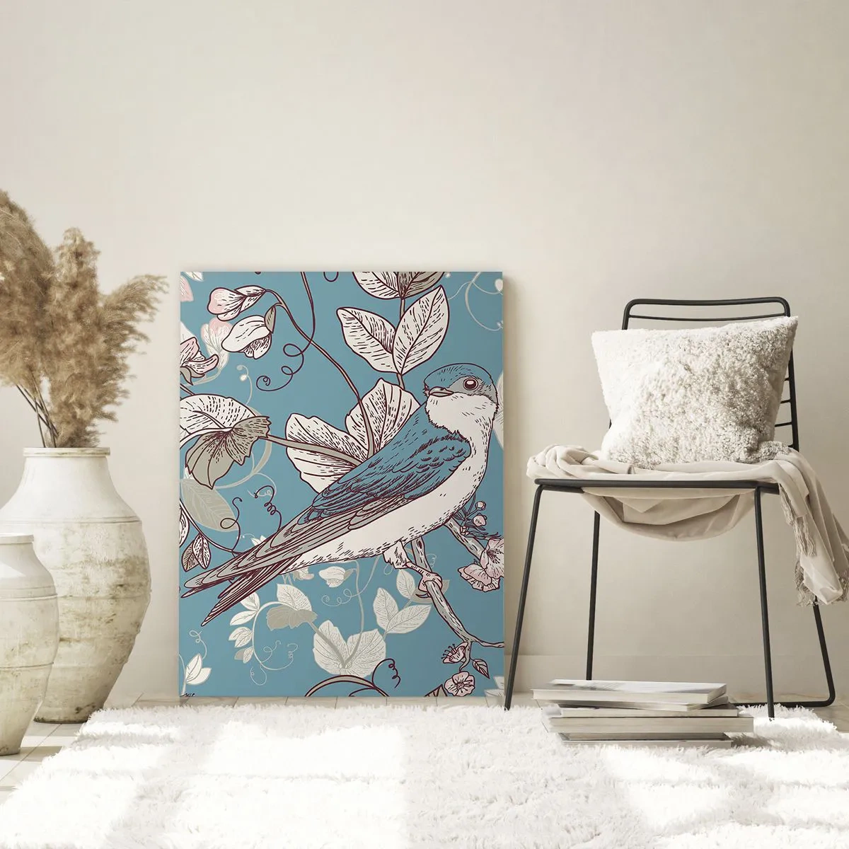 Glasbild - Bild auf glas - Ein Vogel auf einem Ast in einem zarten Blumenstil - 80x120cm - Im Weißholz von Rot und Silber - Moderne Wanddekoration für Wohnzimmer und Schlafzimmer ARTTOR