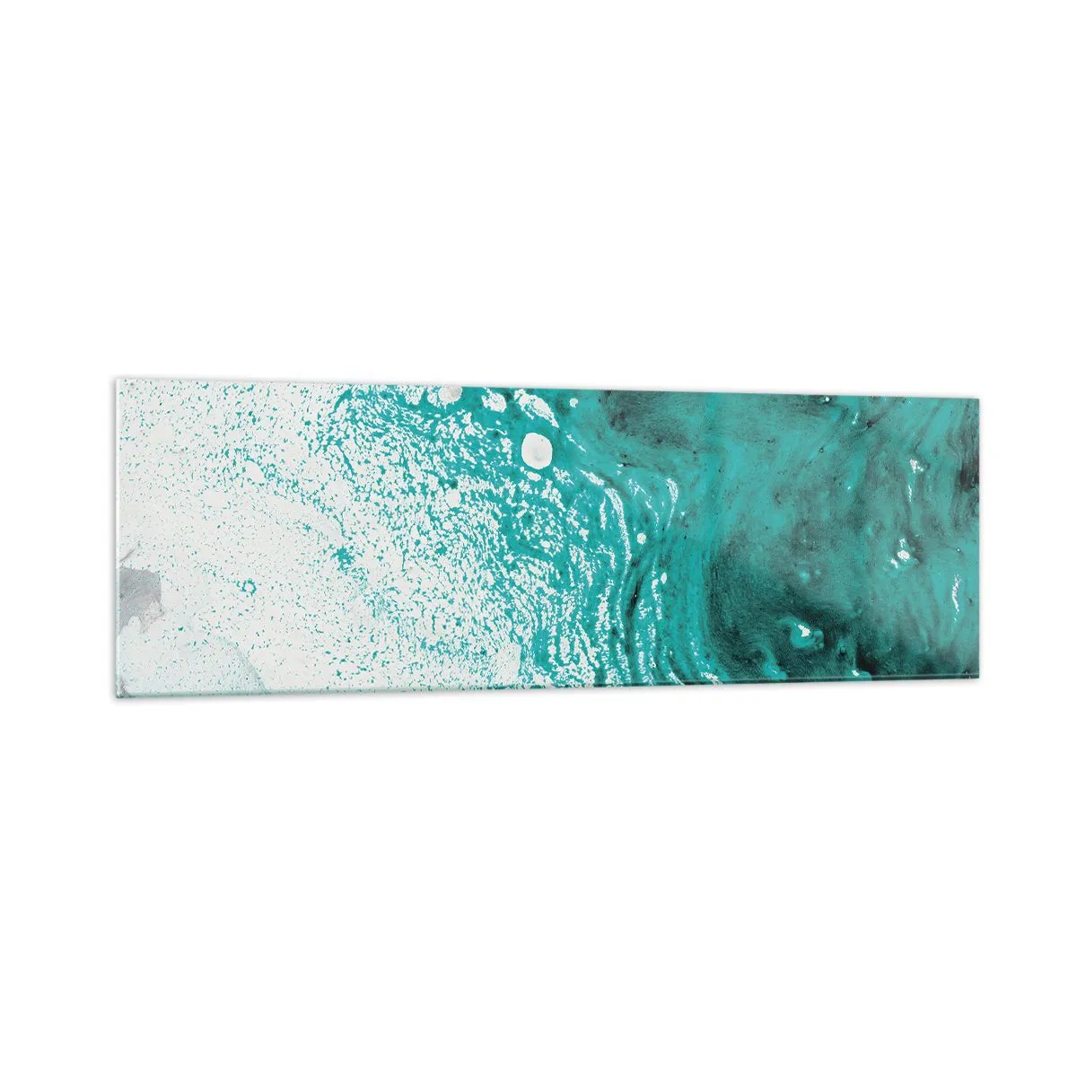 Glasbild - Bild auf glas - Abstrakte Komposition in Türkistönen auf weißem Hintergrund - 160x50cm - Verschmelzen in Weiß und Türkis - Moderne Wanddekoration für Wohnzimmer und Schlafzimmer ARTTOR