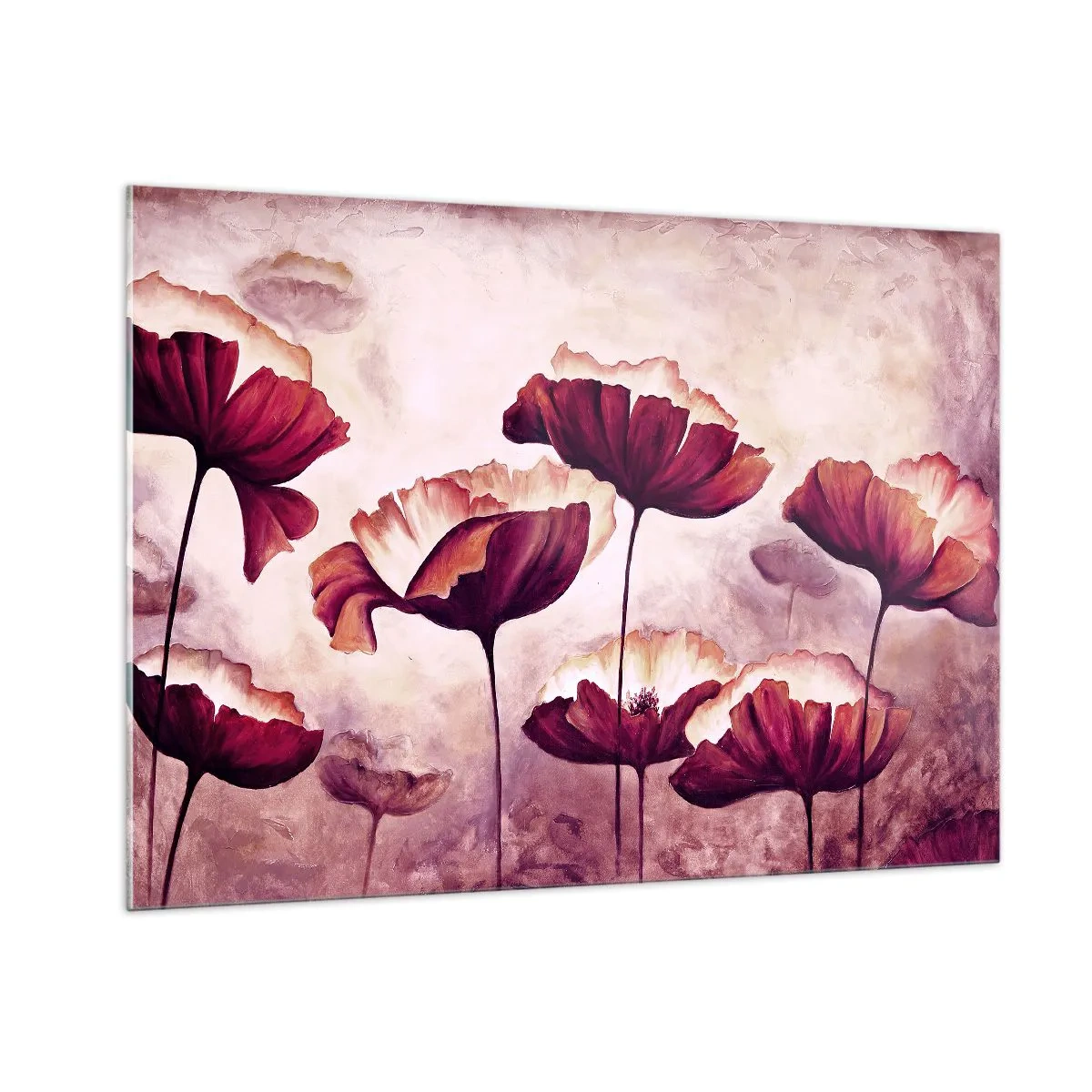 Glasbild - Bild auf glas - Rote und weiße Mohnblumen vor einem hellen Himmel - 100x70cm - Rotes und weißes Blütenblatt - Moderne Wanddekoration für Wohnzimmer und Schlafzimmer ARTTOR