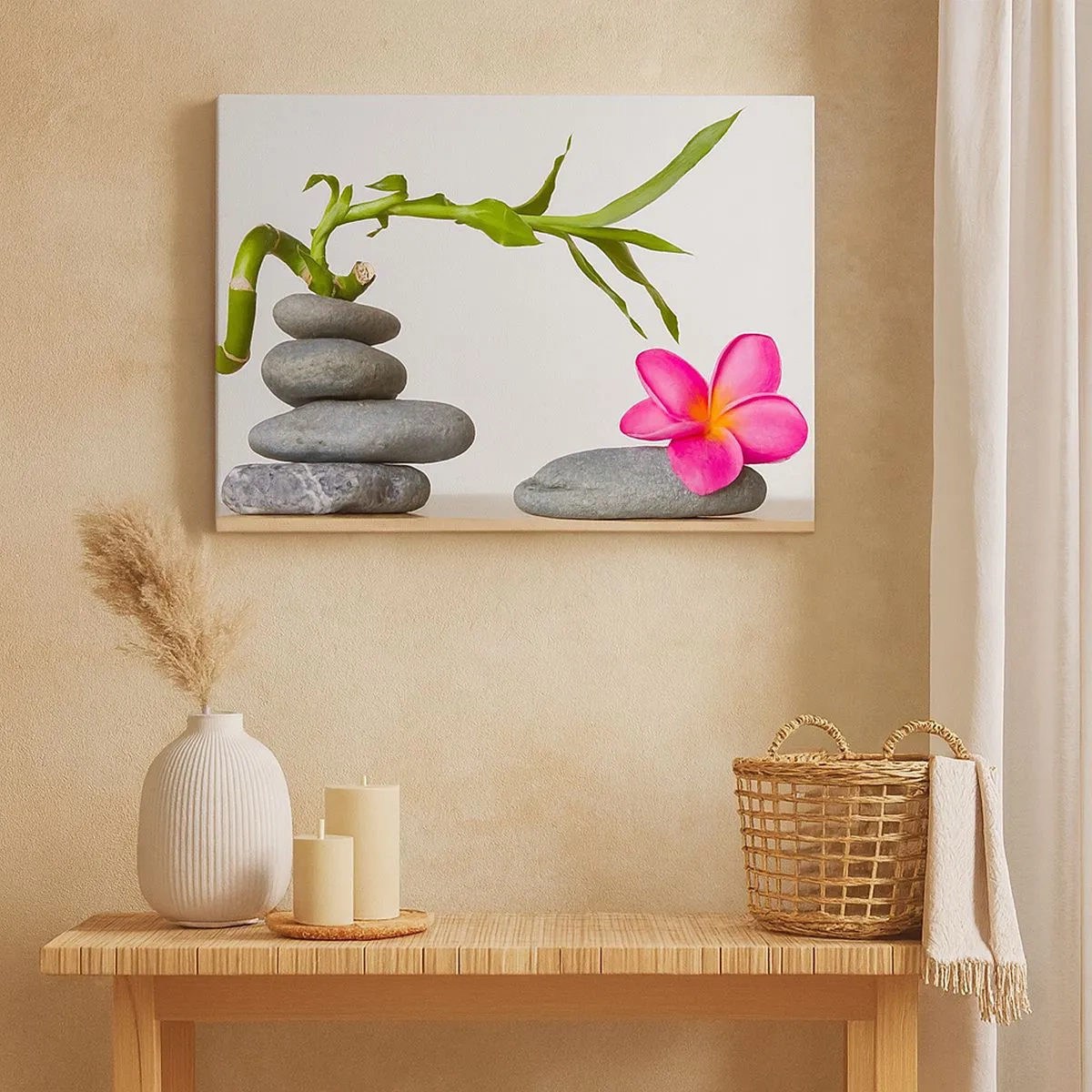 Bild auf Leinwand - Leinwandbild - Bambus und rosa Blume auf Steinen im Zen-Stil - 70x50cm - Farben des Lebens und der Dauer - Moderne Wanddekoration für Wohnzimmer und Schlafzimmer ARTTOR