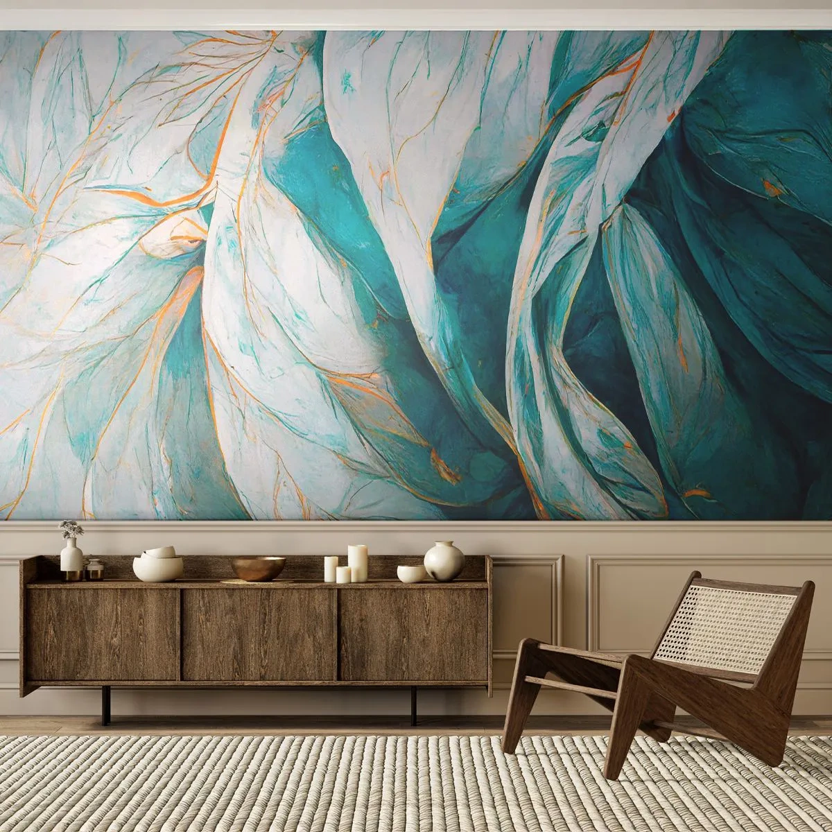 Fototapete Premium Sand - Wehende blaue Blätter mit einem zarten goldenen Akzent - 100x70cm - Blaue Abstraktion mit goldenem Motiv - Moderne Wanddekoration für Wohnzimmer und Schlafzimmer ARTTOR
