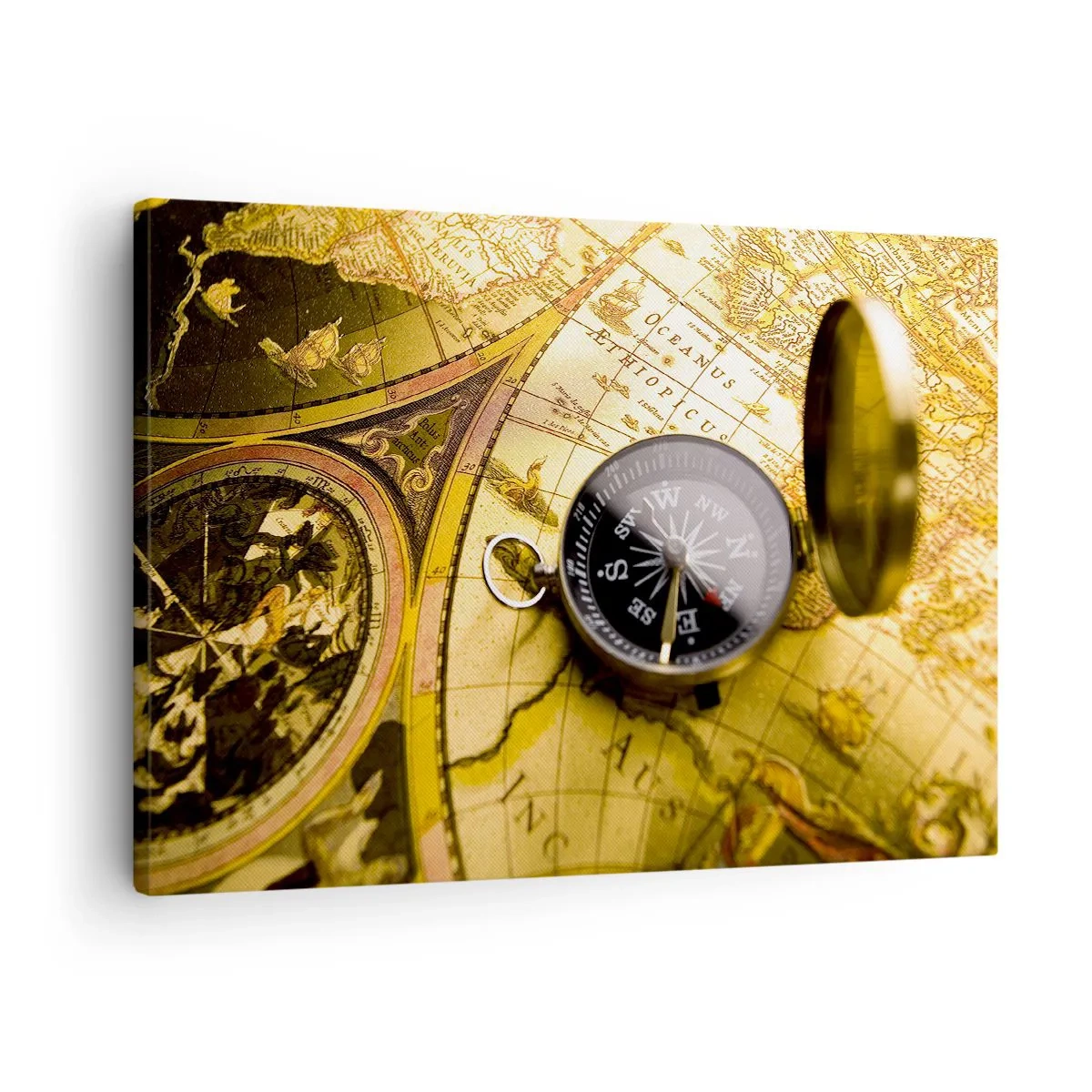 Bild auf Leinwand - Leinwandbild - Ein antiker Kompass vor dem Hintergrund einer alten Weltkarte - 70x50cm - Oder vielleicht bis ans Ende der Welt? - Moderne Wanddekoration für Wohnzimmer und Schlafzimmer ARTTOR