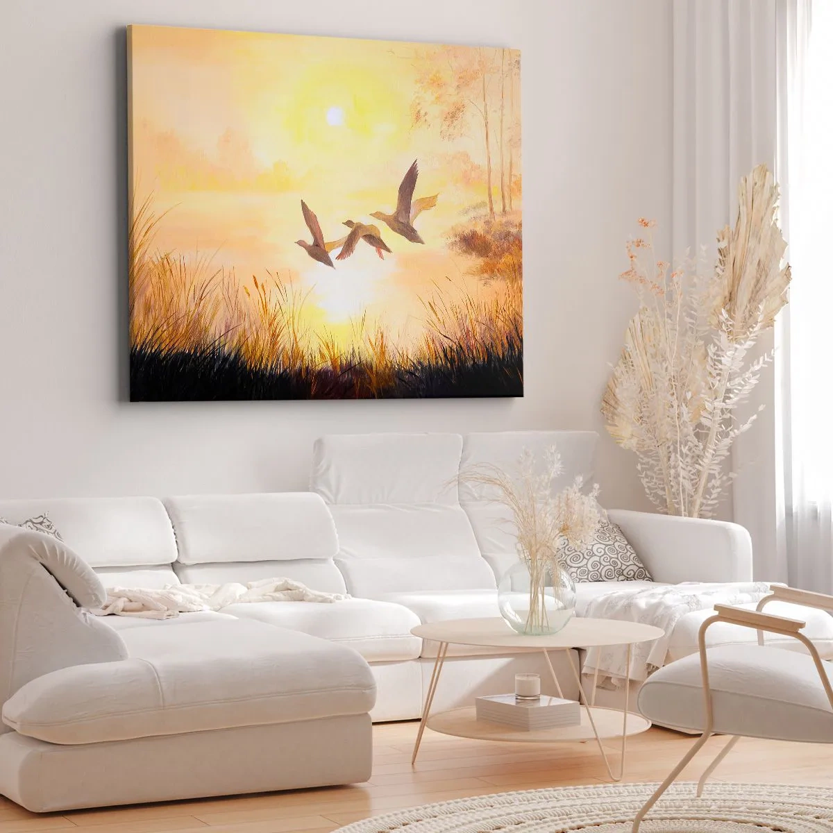 Bild auf Leinwand - Leinwandbild - Enten fliegen bei Sonnenaufgang über den See - 120x80cm - Der Beginn einer langen Reise - Moderne Wanddekoration für Wohnzimmer und Schlafzimmer ARTTOR