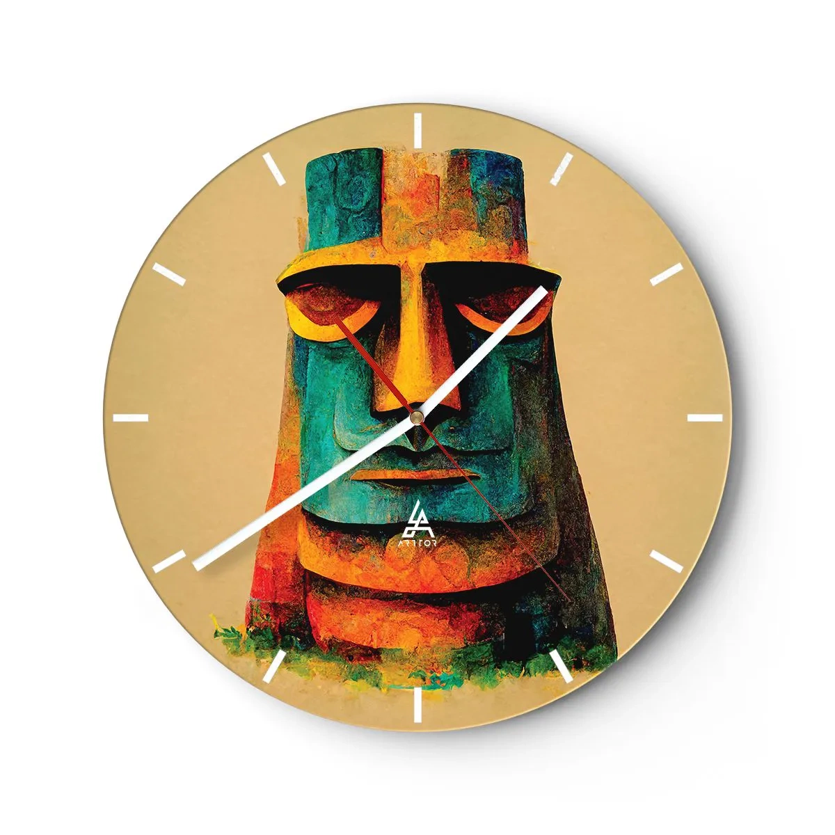 Wanduhr - Glasuhr - Farbenfrohes Porträt einer Steinstatue auf beigem Hintergrund - 30x30cm - Statuenhaft und sympathisch - Moderne Wanddekoration für Wohnzimmer, Küche und Schlafzimmer ARTTOR