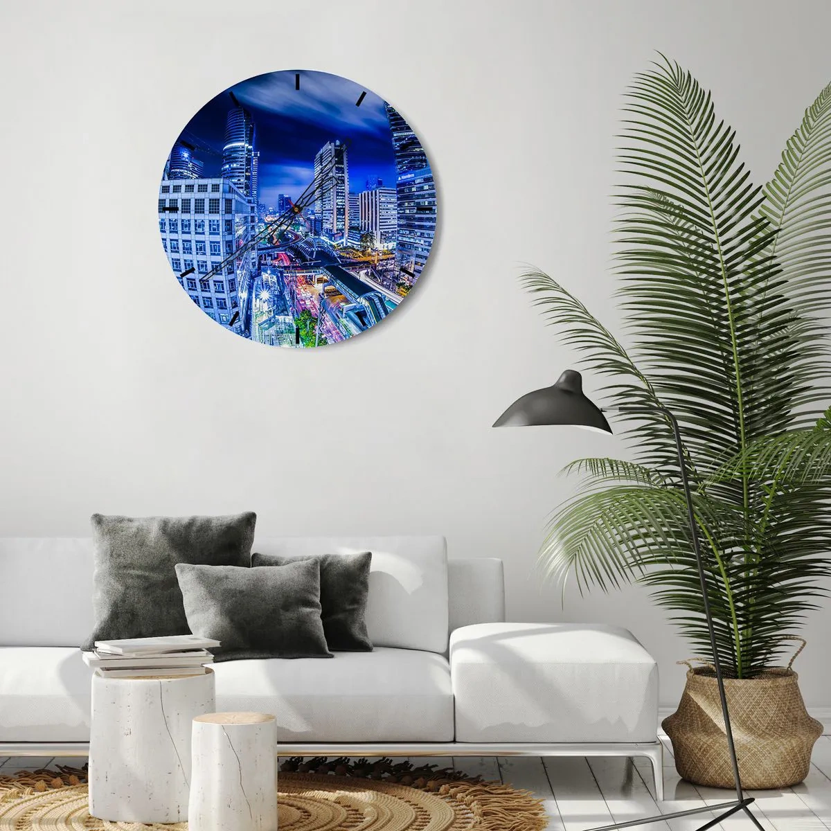 Wanduhr - Glasuhr - Moderne Wolkenkratzer, die nachts beleuchtet sind - 30x30cm - Rhythmen der Nachtstadt - Moderne Wanddekoration für Wohnzimmer, Küche und Schlafzimmer ARTTOR