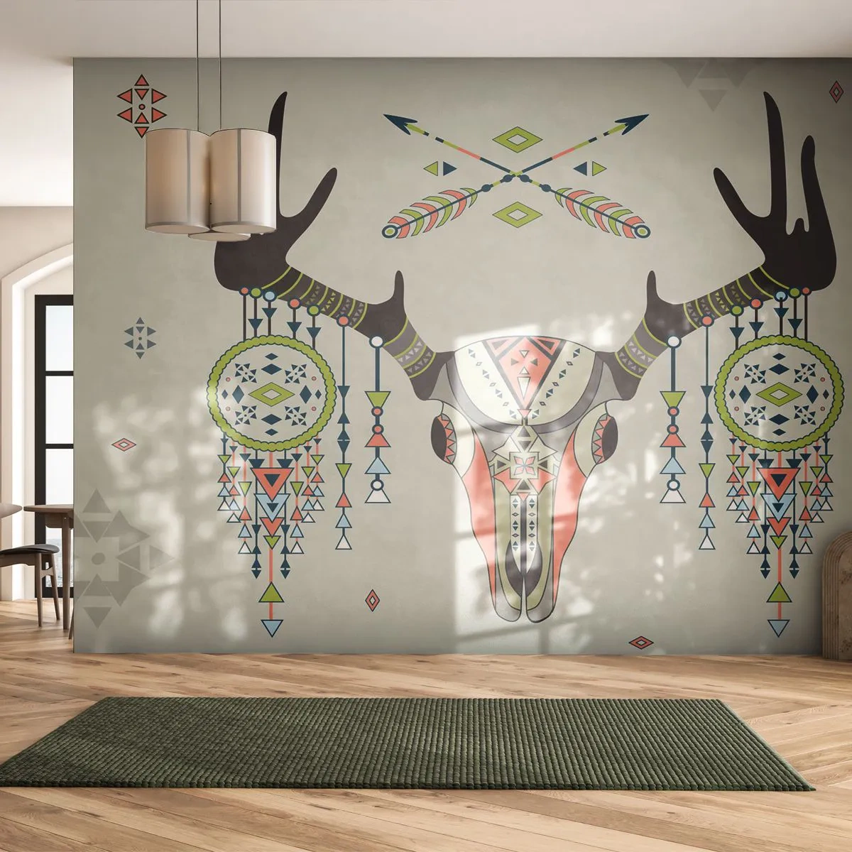 Fototapete Premium Sand - Ethno-Hirschschädel-Motiv mit Traumfängern - 100x70cm - Indische Jägertrophäe - Moderne Wanddekoration für Wohnzimmer und Schlafzimmer ARTTOR