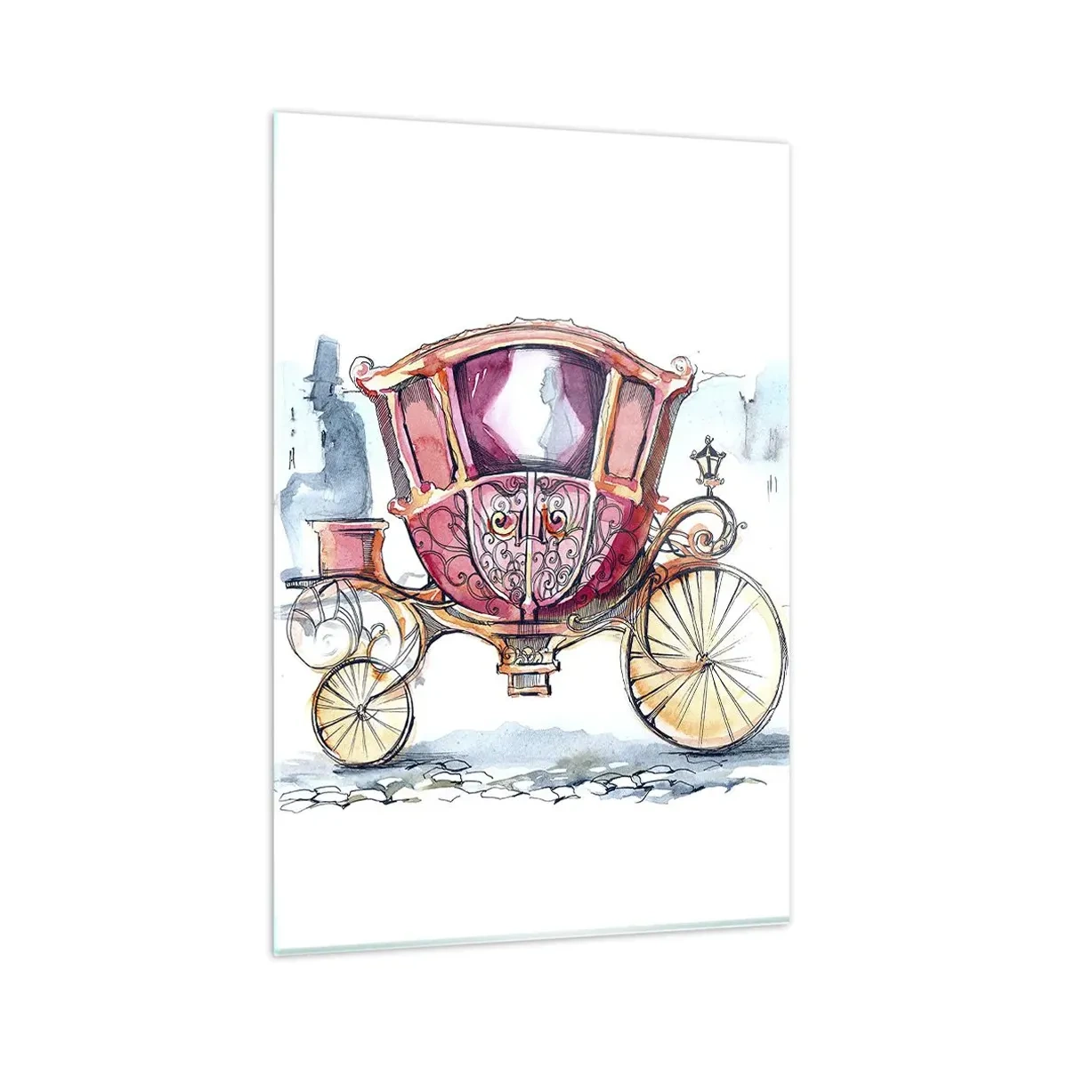 Glasbild - Bild auf glas - Eine stilvolle Illustration einer antiken Kutsche in Pastellfarben. - 80x120cm - Zur Hochzeit oder zum Abschlussball? - Moderne Wanddekoration für Wohnzimmer und Schlafzimmer ARTTOR