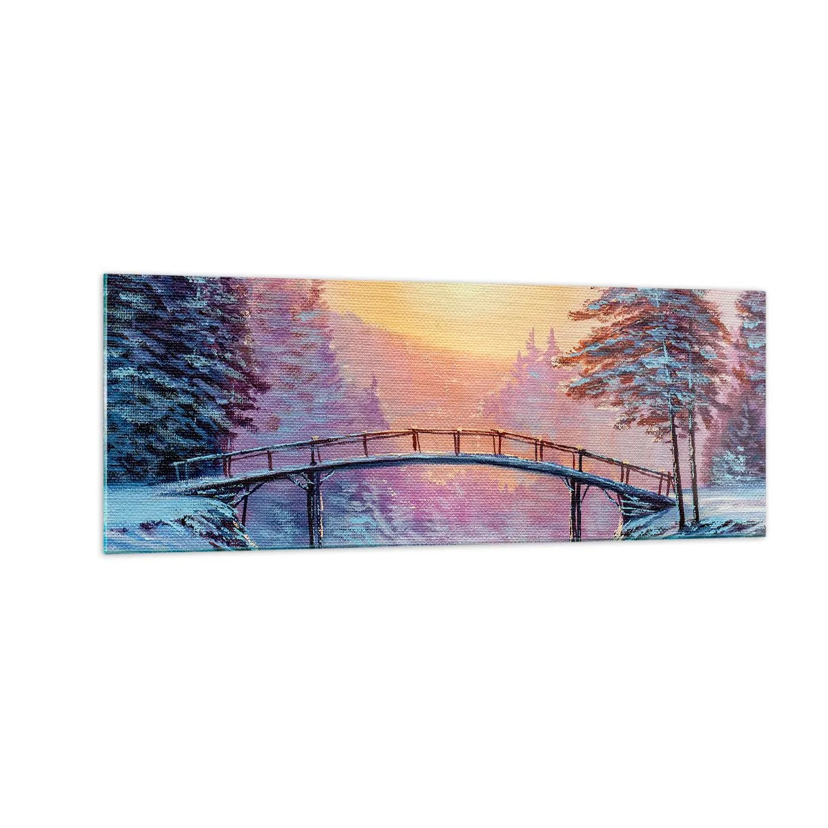 Glasbild - Bild auf glas - Winterlandschaft mit einer vom Sonnenuntergang beleuchteten Brücke - 140x50cm - Vier Jahreszeiten - Winter - Moderne Wanddekoration für Wohnzimmer und Schlafzimmer ARTTOR
