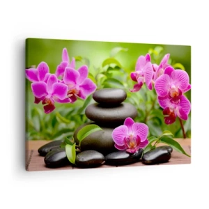 Bild auf Leinwand - Leinwandbild - Rosa Orchideen mit Steinen auf grünem Hintergrund - 70x50cm - Die Pyramide des Friedens - Moderne Wanddekoration für Wohnzimmer und Schlafzimmer ARTTOR