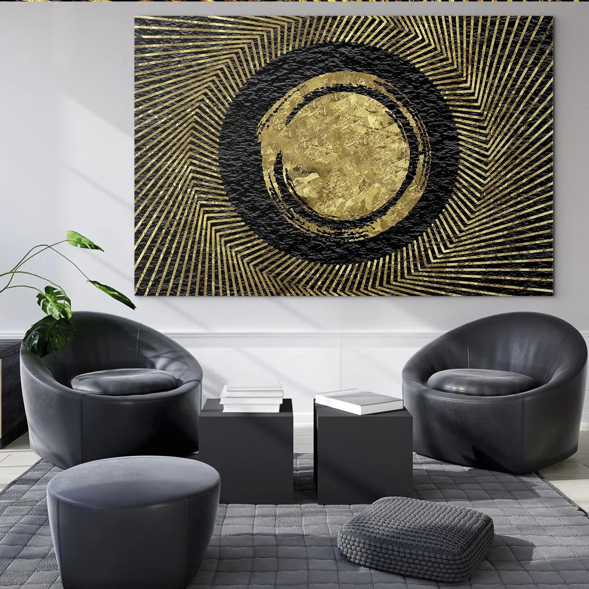 Glasbild - Bild auf glas - Goldener Kreis mit Strahlen auf schwarzem Hintergrund im glamourösen Stil - 120x80cm - Glamour-Komposition - Moderne Wanddekoration für Wohnzimmer und Schlafzimmer ARTTOR