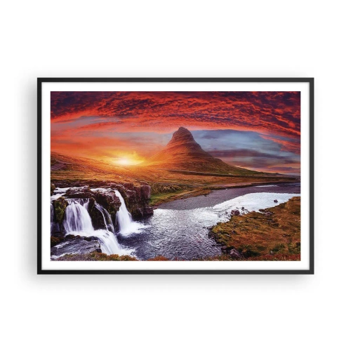 Poster in einem schwarzem Rahmen - Berglandschaft mit Wasserfall bei Sonnenuntergang - 100x70cm - Ein Blick auf Mittelerde - Moderne Wanddekoration für Wohnzimmer und Schlafzimmer ARTTOR