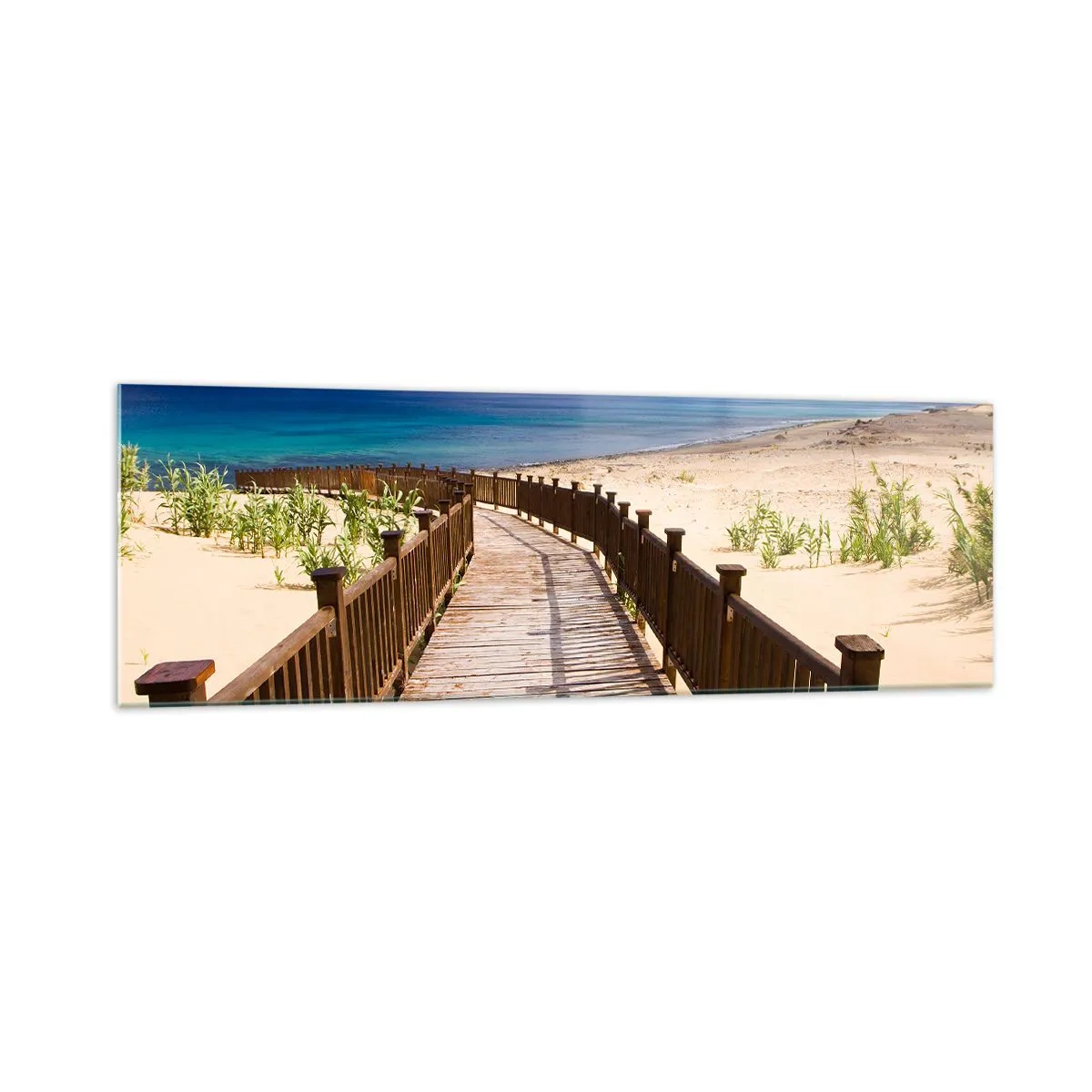 Glasbild - Bild auf glas - Holzweg zum Strand mit Meerblick - 160x50cm - Bring mich zu den glücklichen Inseln - Moderne Wanddekoration für Wohnzimmer und Schlafzimmer ARTTOR