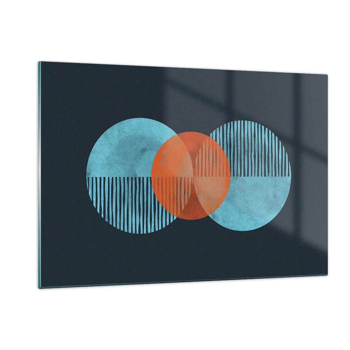 Glasbild - Bild auf glas - Farbige Kreise mit vertikalen Linien auf dunklem Hintergrund - 120x80cm - Symmetrische Komposition - Moderne Wanddekoration für Wohnzimmer und Schlafzimmer ARTTOR