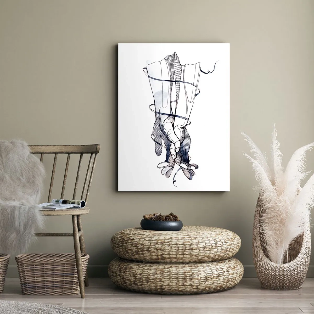 Bild auf Leinwand - Leinwandbild - Eine subtile Zeichnung einer Hand mit einer zarten Blume - 70x100cm - Touch-Studie - Moderne Wanddekoration für Wohnzimmer und Schlafzimmer ARTTOR