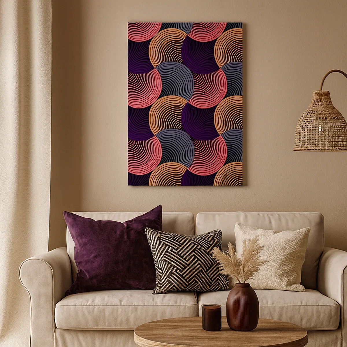 Bild auf Leinwand - Leinwandbild - Geometrische Kreise in Rosa-, Lila- und Goldtönen - 50x70cm - Im kreisenden Rhythmus - Moderne Wanddekoration für Wohnzimmer und Schlafzimmer ARTTOR