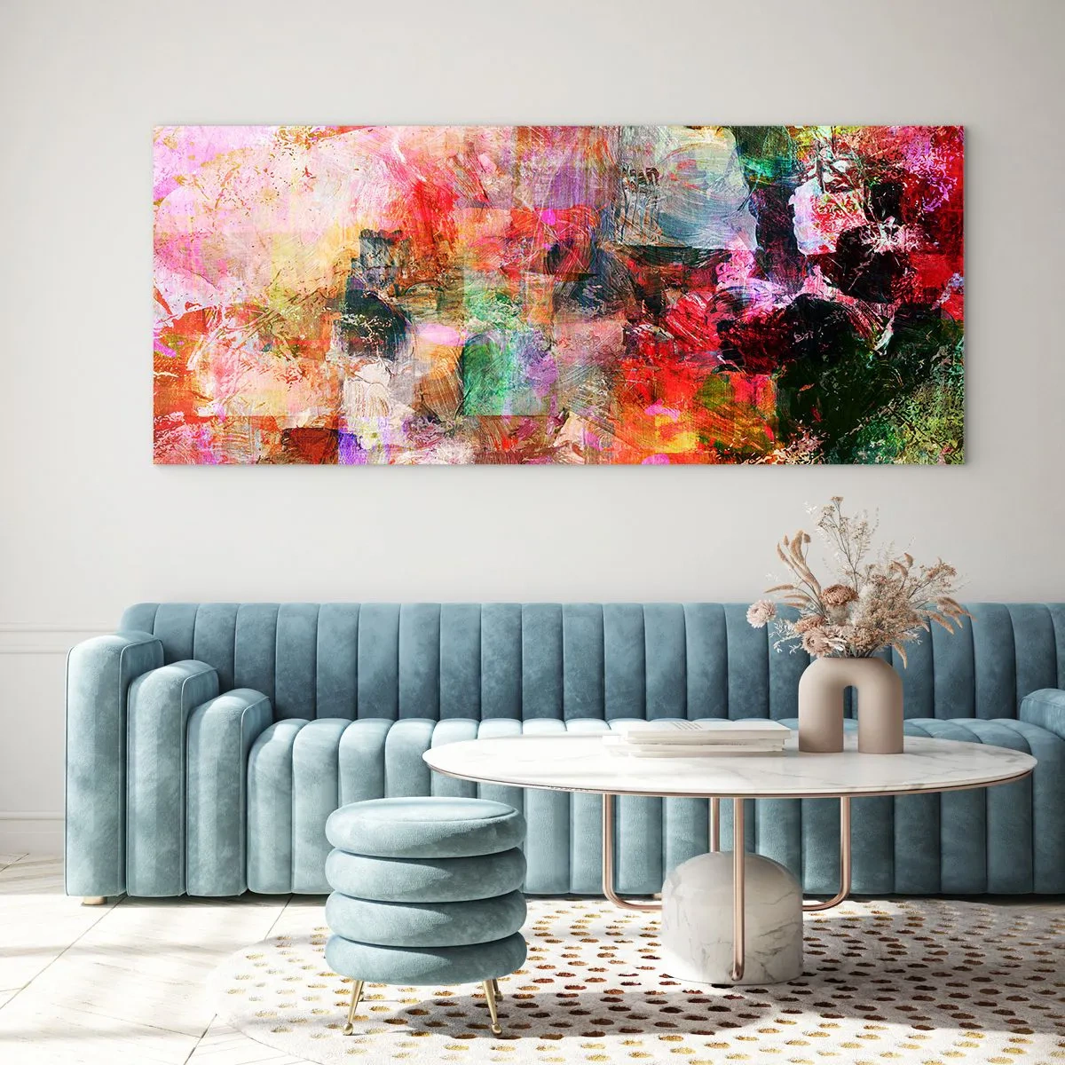 Glasbild - Bild auf glas - Eine abstrakte Komposition mit dominanten Rosa- und Rottönen. - 160x50cm - Eine Reise durch die Rosen - Moderne Wanddekoration für Wohnzimmer und Schlafzimmer ARTTOR