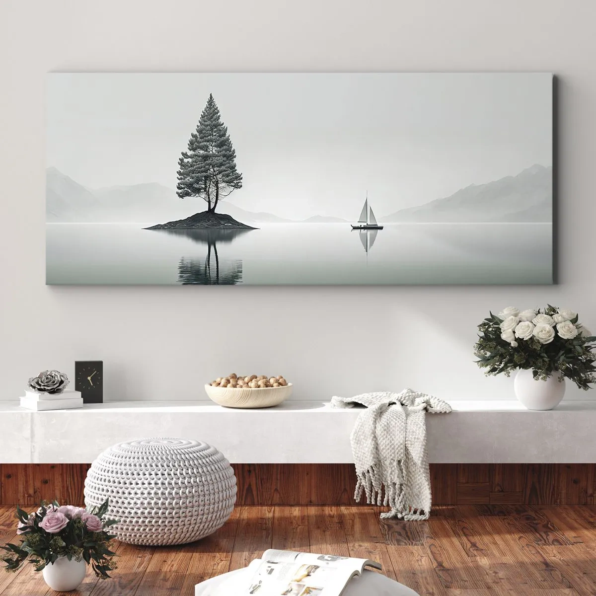 Bild auf Leinwand - Leinwandbild - Eine minimalistische Landschaft mit einem Baum auf einer Insel und einem Segelboot. - 120x50cm - Traum - Moderne Wanddekoration für Wohnzimmer und Schlafzimmer ARTTOR