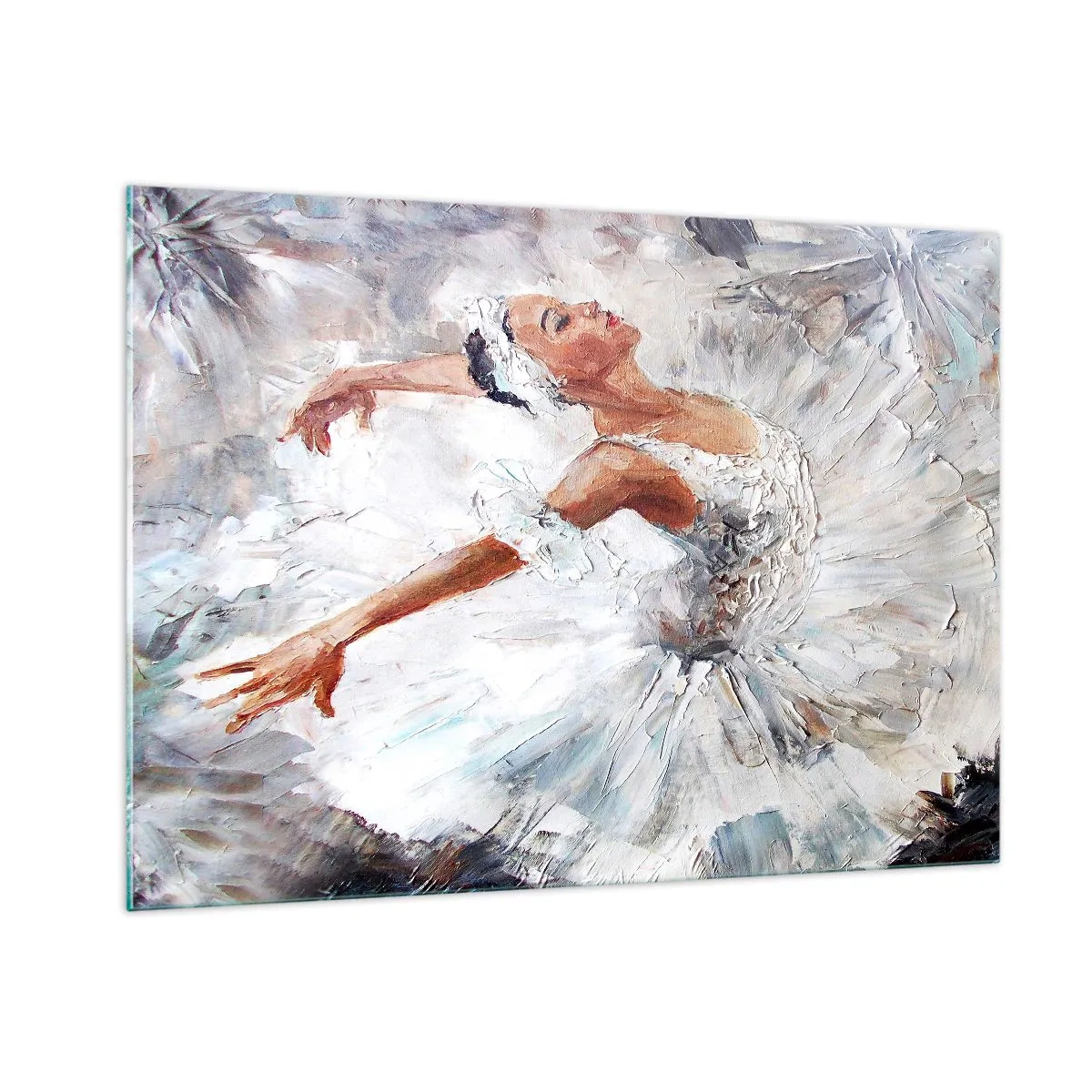 Glasbild - Bild auf glas - Eine Ballerina im weißen Outfit in dynamischer Pose - 100x70cm - Zart und leicht wie Tüll - Moderne Wanddekoration für Wohnzimmer und Schlafzimmer ARTTOR