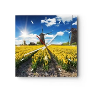 Wanduhr - Glasuhr - Ein Feld mit gelben Tulpen mit Windmühlen am Horizont - 30x30cm - Holländischer geht's nicht - Moderne Wanddekoration für Wohnzimmer und Schlafzimmer ARTTOR