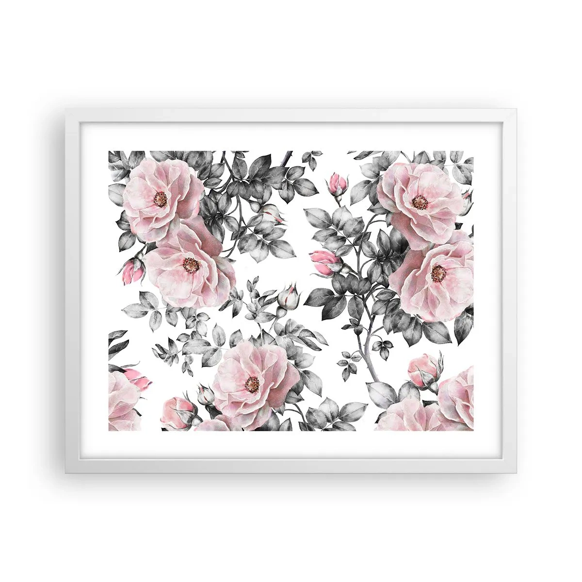 Poster in einem weißen Rahmen - Verliere dich in den Blüten der Rosen - 50x40 cm