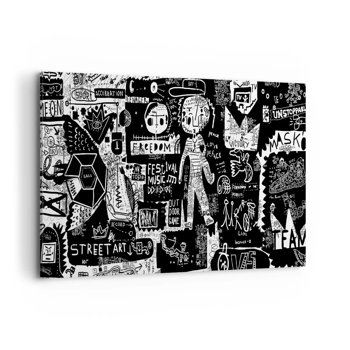 Bild auf Leinwand - Leinwandbild - Von der Straßenkunst inspirierte Schwarz-Weiß-Collage - 100x70cm - Spirituelle Jugend des Gesetzes und der Freude - Moderne Wanddekoration für Wohnzimmer und Schlafzimmer ARTTOR