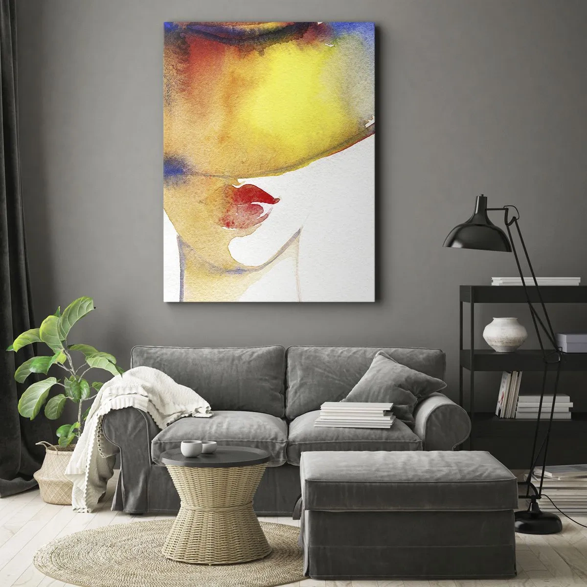 Bild auf Leinwand - Leinwandbild - Ein minimalistisches Aquarellgemälde des Profils einer Frau mit einem bunten Hut. - 50x70cm - Bildnis einer Dame - Moderne Wanddekoration für Wohnzimmer und Schlafzimmer ARTTOR