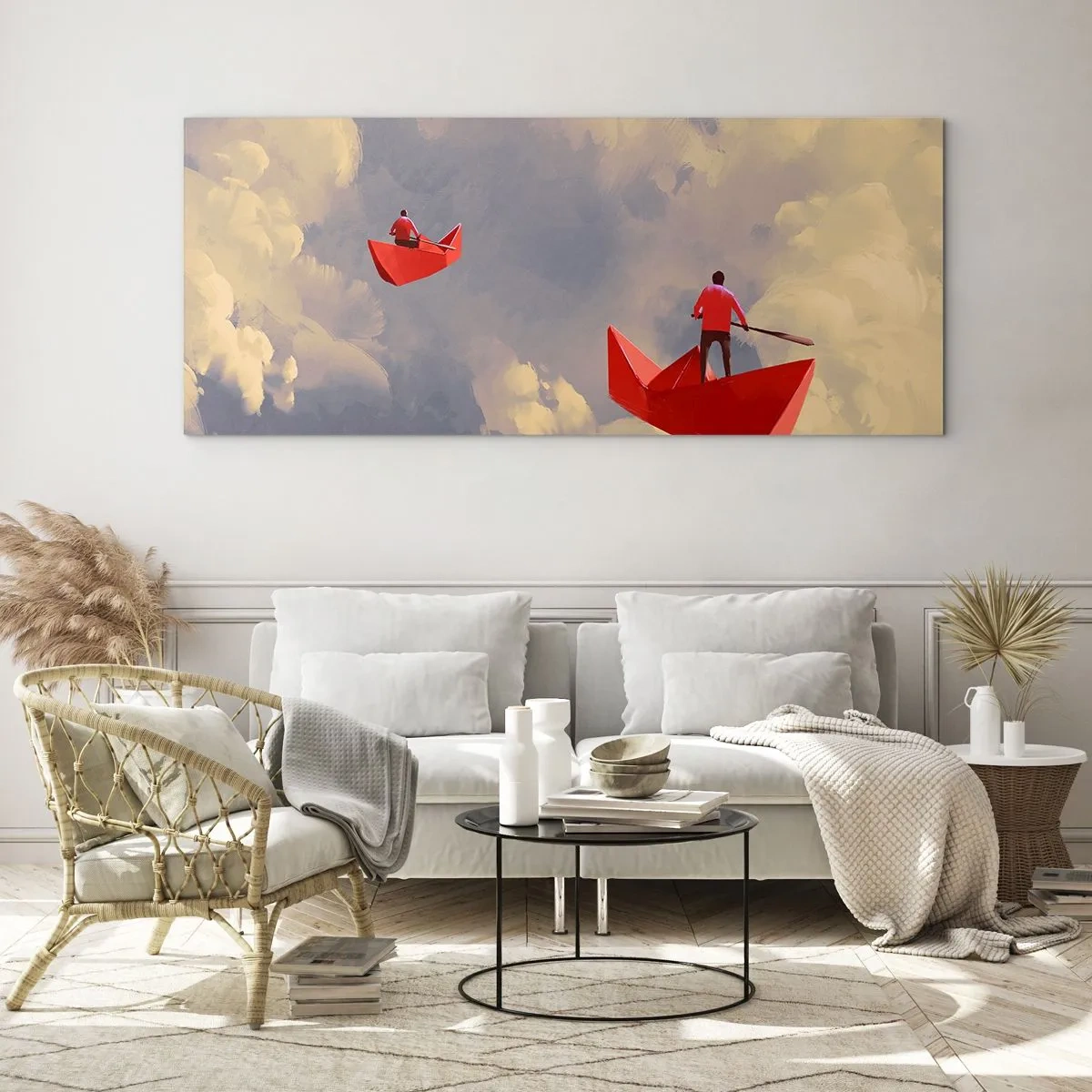 Glasbild - Bild auf glas - Rote Papierboote schweben in den Wolken - 120x50cm - Expedition der Träumer - Moderne Wanddekoration für Wohnzimmer und Schlafzimmer ARTTOR
