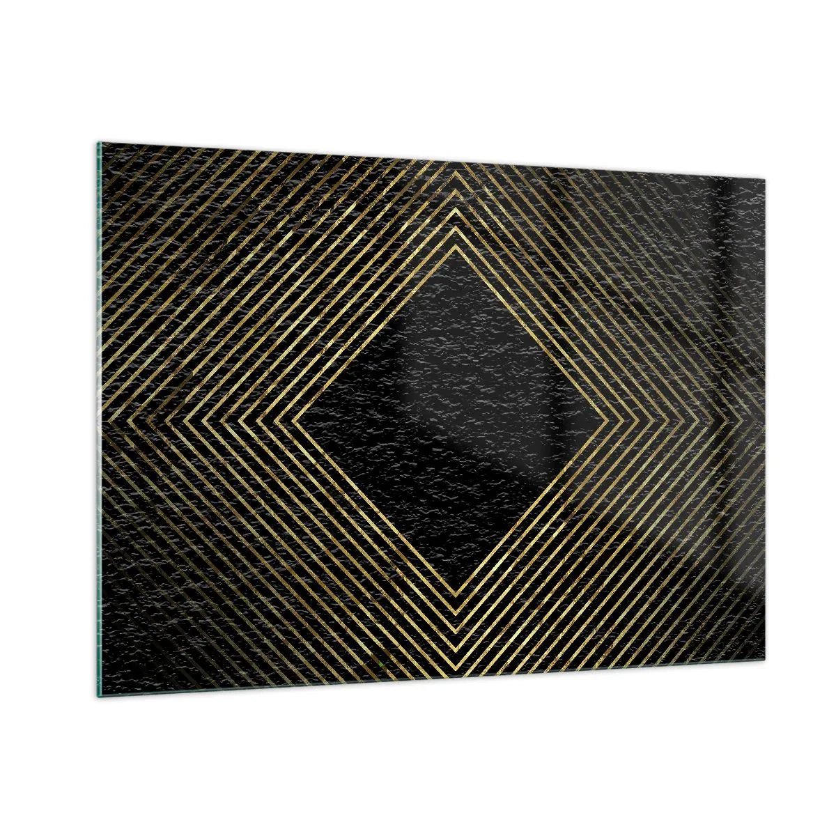 Glasbild - Bild auf glas - Goldener Diamant mit geometrischen Linien auf schwarzem Hintergrund - 100x70cm - Geometrie im glamourösen Stil - Moderne Wanddekoration für Wohnzimmer und Schlafzimmer ARTTOR