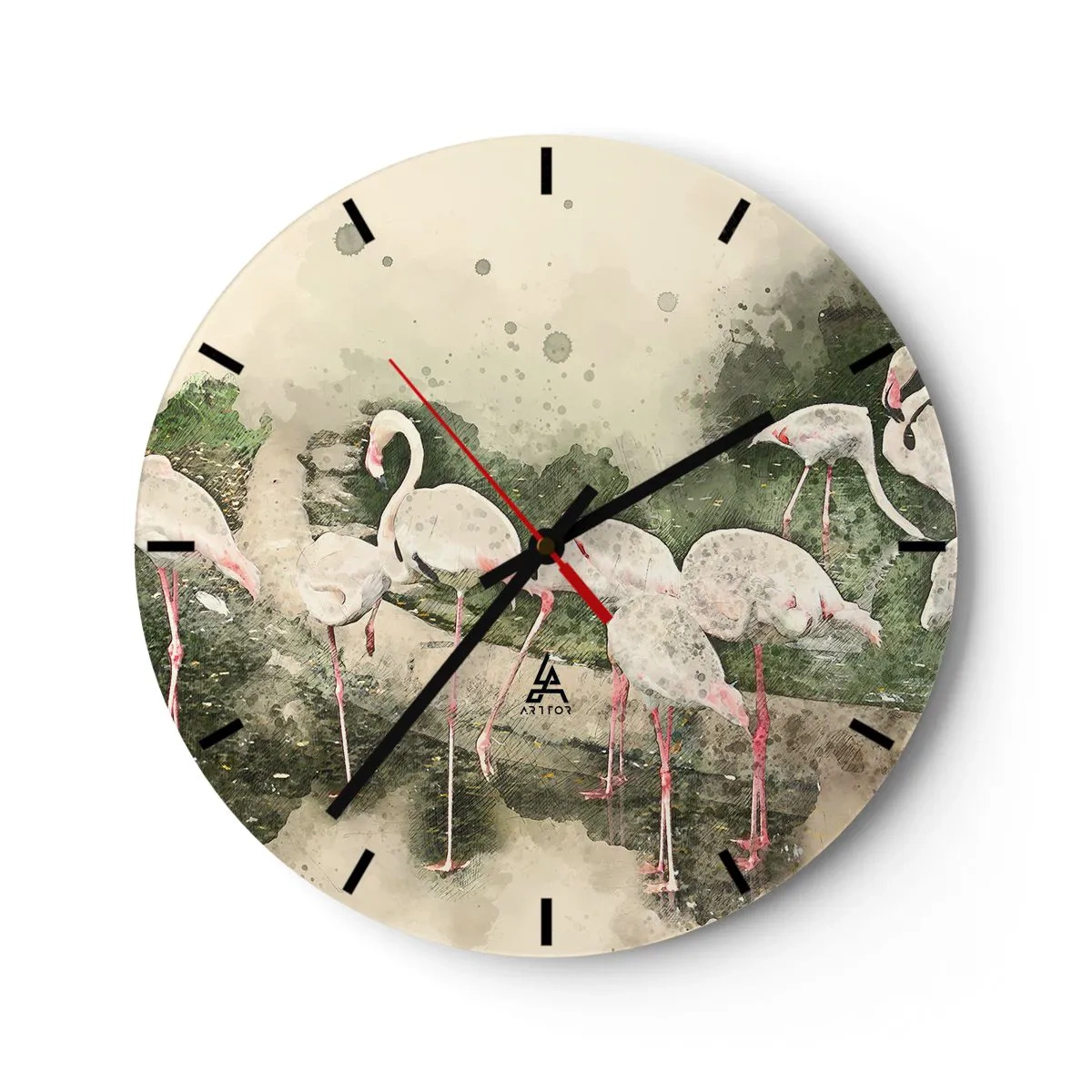 Wanduhr - Glasuhr - Ein Schwarm Flamingos in einer friedlichen, tropischen Umgebung - 30x30cm - Exotischer Traum - Moderne Wanddekoration für Wohnzimmer, Küche und Schlafzimmer ARTTOR