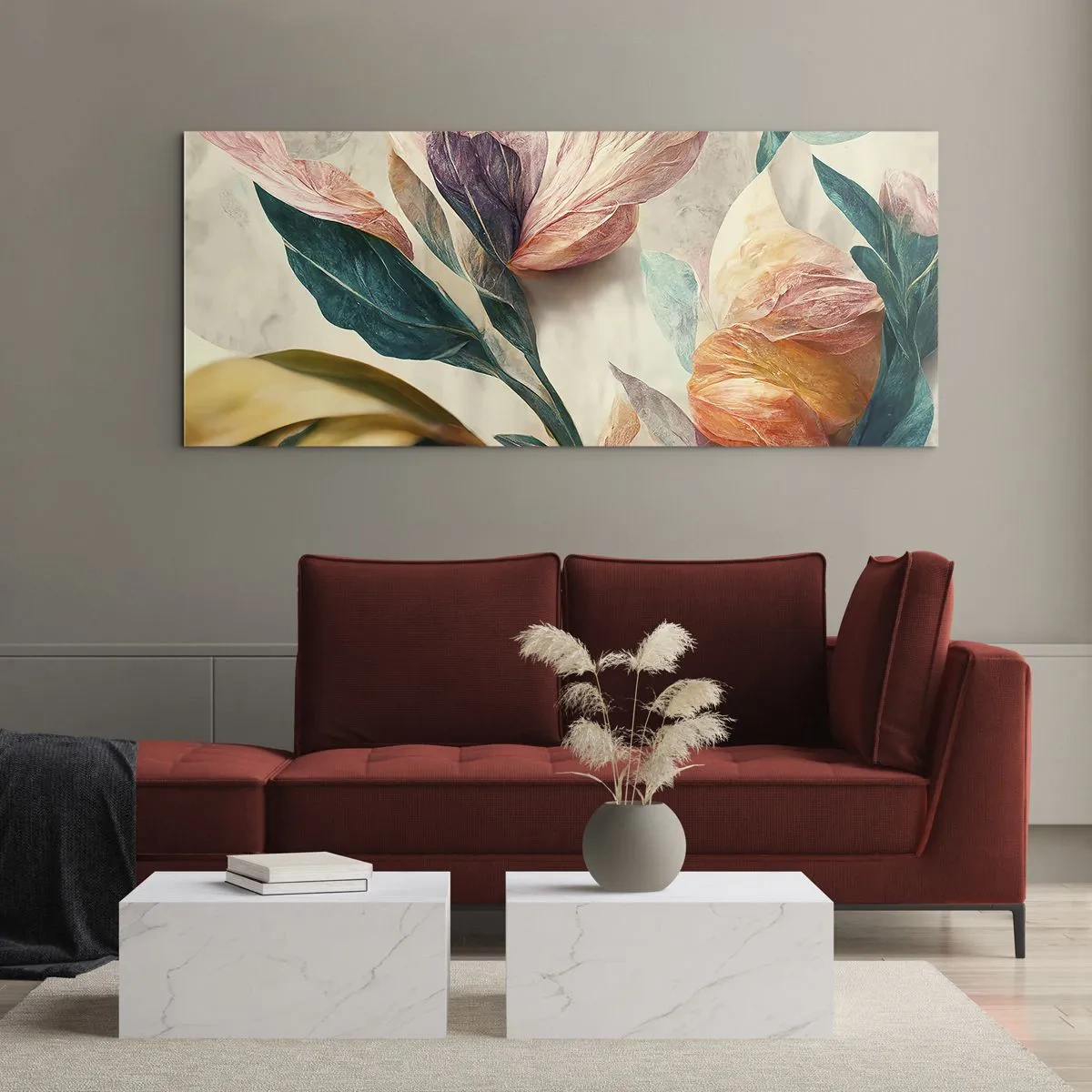 Glasbild - Bild auf glas - Bunte Blumen im tropischen Stil auf hellem Hintergrund - 160x50cm - Blumen der südlichen Inseln - Moderne Wanddekoration für Wohnzimmer und Schlafzimmer ARTTOR