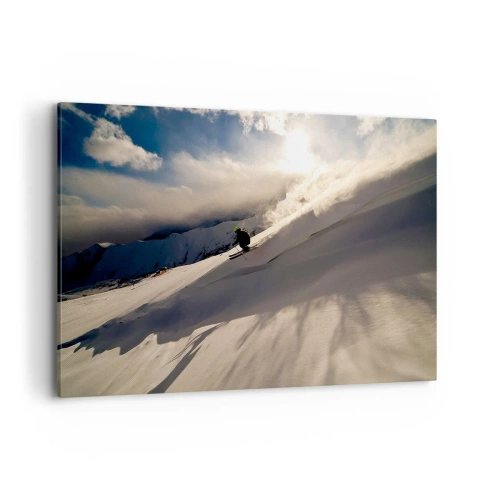 Bild auf Leinwand - Leinwandbild - Ein Skifahrer auf einer Piste, umgeben von Bergen und Schnee - 120x80cm - Bergherausforderung angenommen - Moderne Wanddekoration für Wohnzimmer und Schlafzimmer ARTTOR